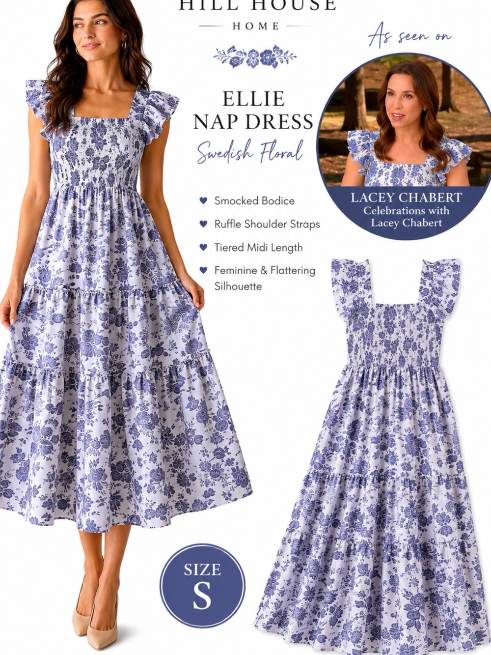 Hill House Home, Ellie Nap Dress Swedish Floral Blue Smocked Midi, Size S EUC